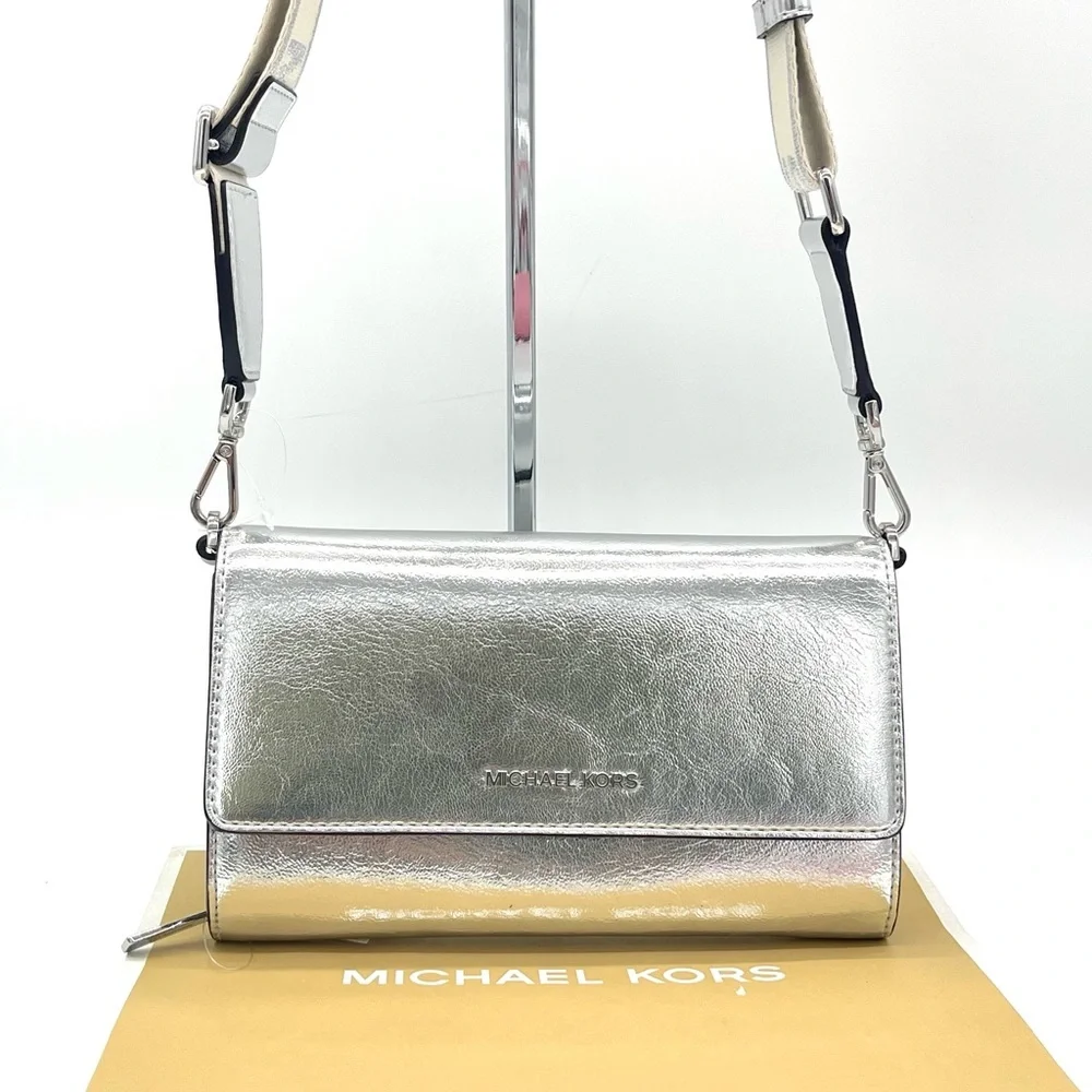 Michael Kors Large Zip Around Wallet Crossbody Bag Silver
